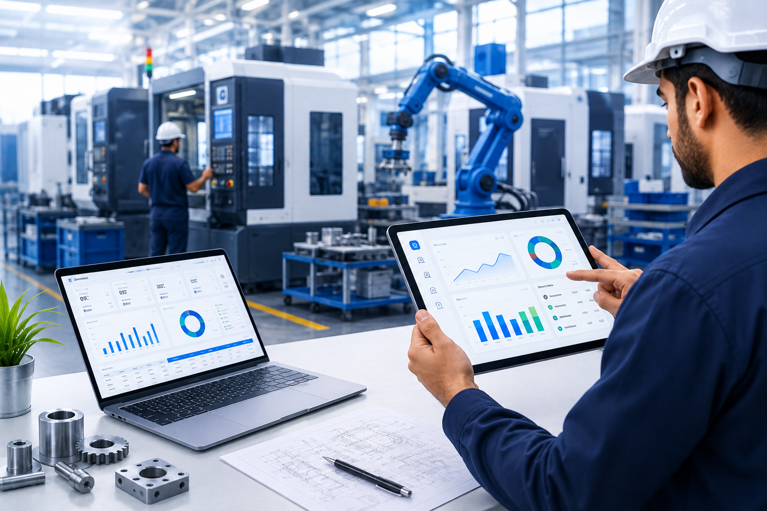 Modern manufacturing factory with ERP dashboard on a tablet