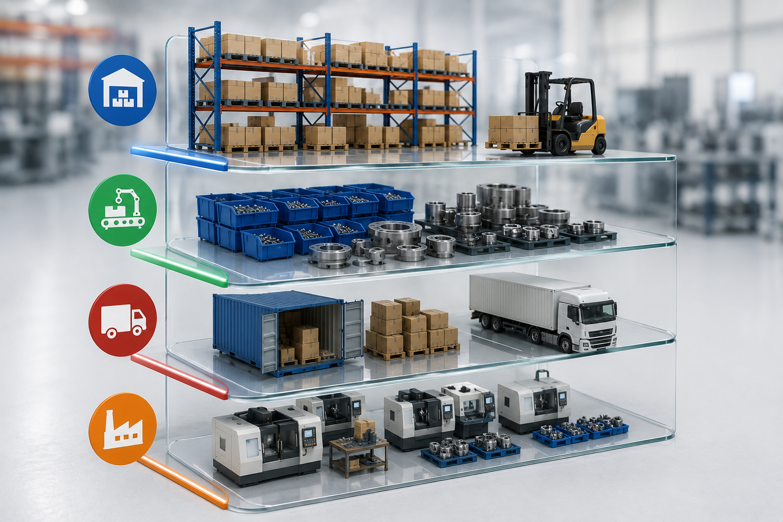 Multi layer stock visibility across warehouse, work in progress, logistics, and production